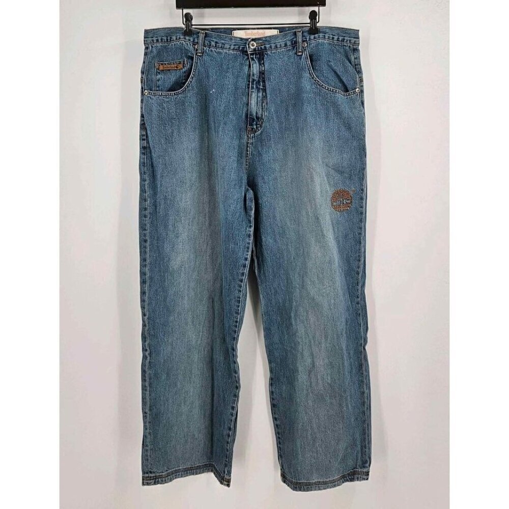 Timberland Mens Vtg Y2K Baggy Wide Leg Logo Blue Denim Jeans Sz 42